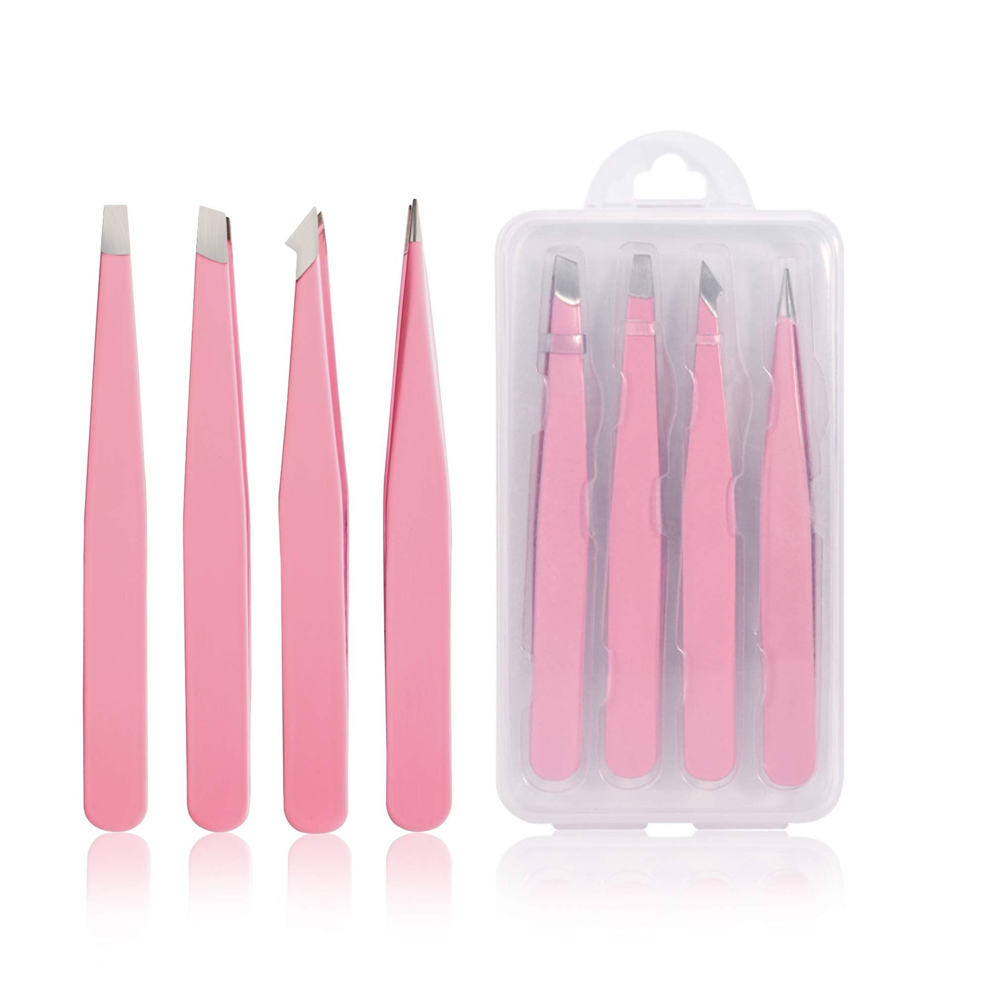Tweezers Set 4-piece, Professional Stainless Steel Tweezers, Precision Tweezers for Eyebrows, Facial Hair, Ingrown Hair, Splinter, Blackhead Remover (PINK)