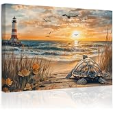 QIXIANG Sea Turtle Bathroom Wall Decor Beach Canvas Painting Art Ocean Lighthouse Picture Coastal Lakeside Cabin Decor Framed(Yellow,12L x 18W)