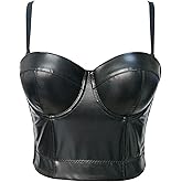 VEENDEO Women's Straps PU Leather Bustier Crop Top Push Up Corset Top Bra For Club Party Racer Sports