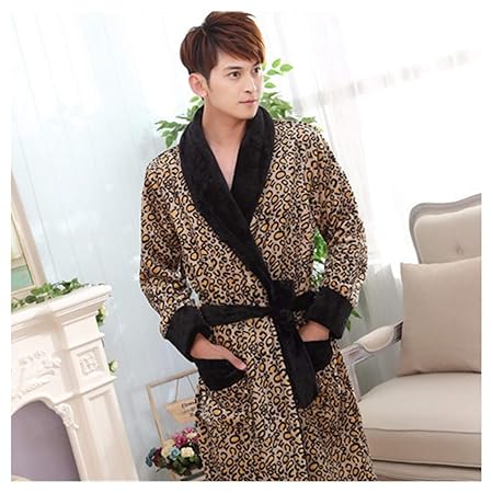 OMFGOD Herren Winter Bademantel dick lang Flanell Leopard Print Schlafanzug Mode Bequem Freizeit Nacht Kleid