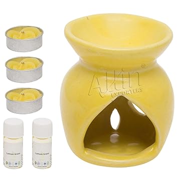 Allin Exporters Ceramic Diffuser( With 2 Lemon Grass Aroma Oils 4ml Each) 3 Tea Light Candle With Holders Combo Pack - Yellow