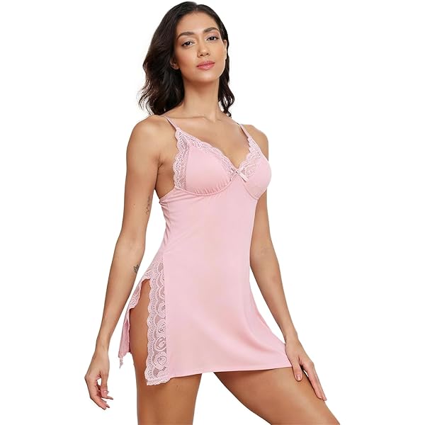 Donnalla Babydoll Nightgown for Women Sexy Lace Chemise Side Slit Sleepwear  Black at Amazon Women's Clothing store