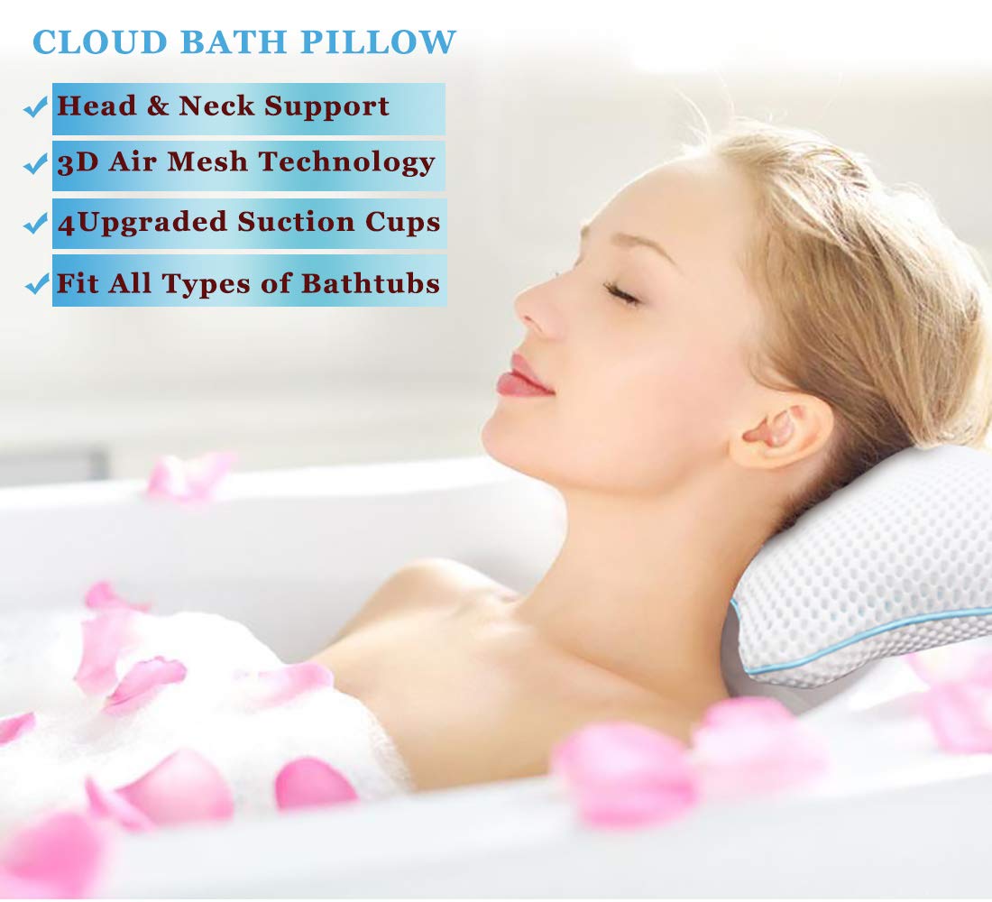 Non Slip Bath Pillow, Luxury Spa Bathtub Head & Neck Rest Support, Permeable Quick Drying Air Mesh Tub Pillow with 4 Large Suction Cups, Whirlpool, Jacuzzi & Standard Tubs, Soft and Relaxing: Beauty