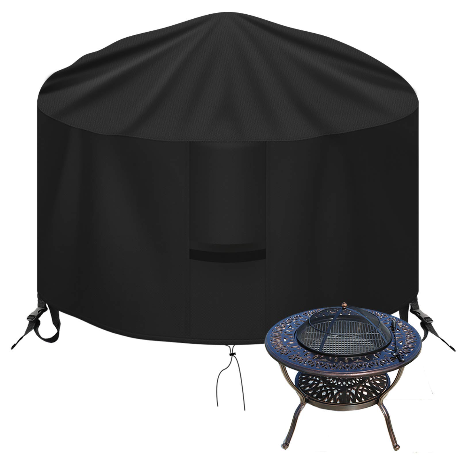 OKPOW Fire Pit Cover 112cm,Firepit Covers Waterproof Round-600D,Anti-UV,Heavy Duty Rip Proof Oxford Fabric Firepit Cover,Round Fire Pit Covers- Black(112 * 60cm)