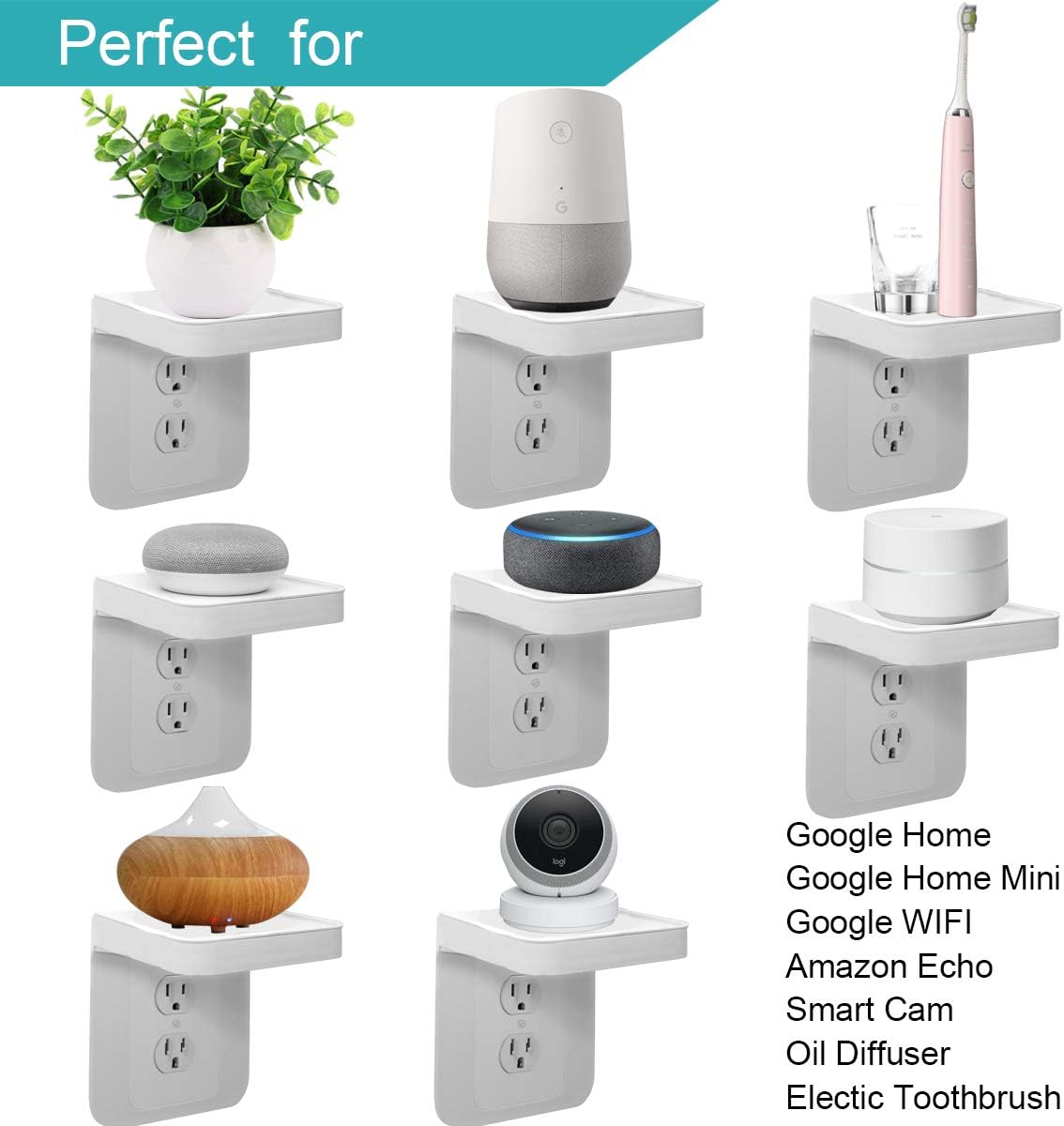 ALLICAVER Outlet Shelf, Power Perch with Built-In Cable Management, A Space Saving Solution for Google Home, Smart Speakers, Cellphones, Electric Toothbrush and More (White-standard) - - 