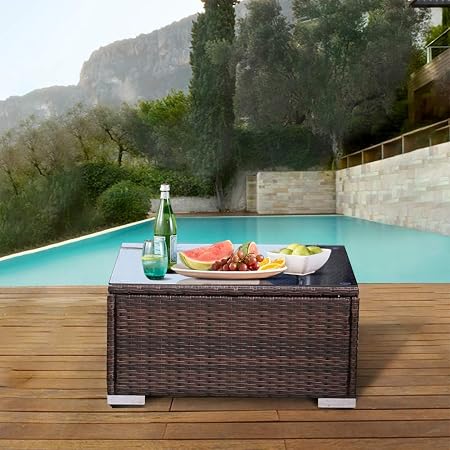 Amazon Com Outime Patio Coffee Table Brown Rattan Clear Tempered Glass Garden Furniture Match With Various Sofa Sets Garden Outdoor