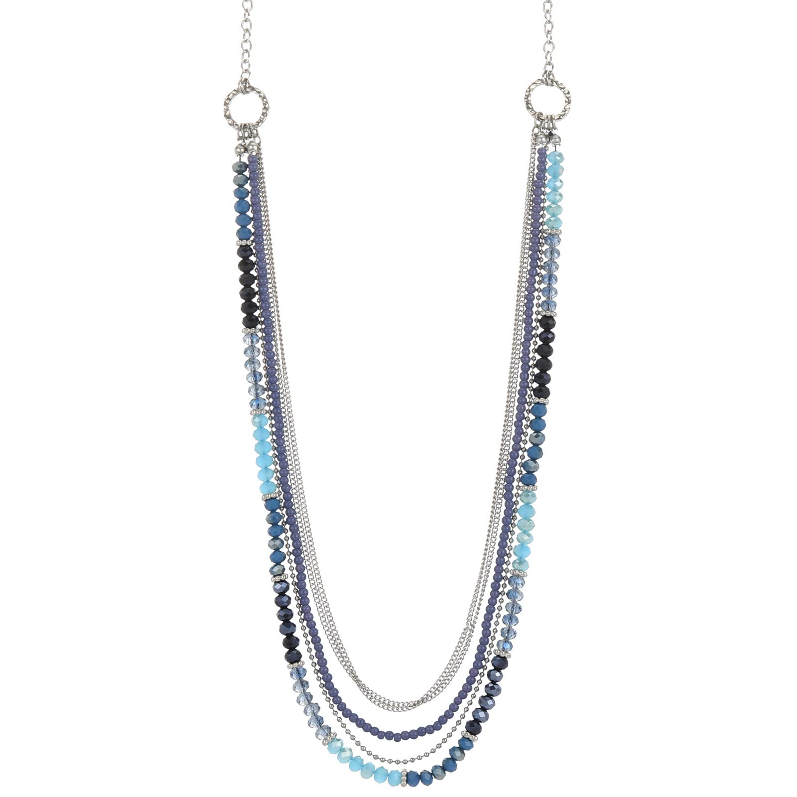 FULU AUTUMN Silver Layered Long Necklace for Women Pearl Crystal Sweater Strand Chain Necklaces Costume Jewellery Birthday Gifts(03-Blue)