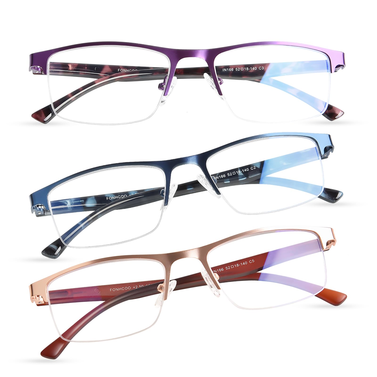 Photo 1 of FONHCOO Reading Glasses for Women Men, Blue Light Blocking Reading Glasses Metal Half Frame Computer Readers Anti UV/Glare/Eyestrain (Purple Blue Gold 2.5)
