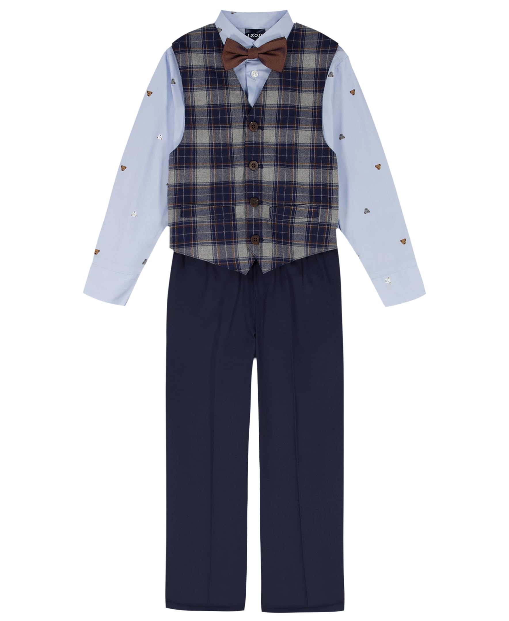 Izod Boys' 4-Piece Formal Dress Up Suit Set, Vest, Pants, Collared Shirt, and Tie, Navy Plaid, 4 Image