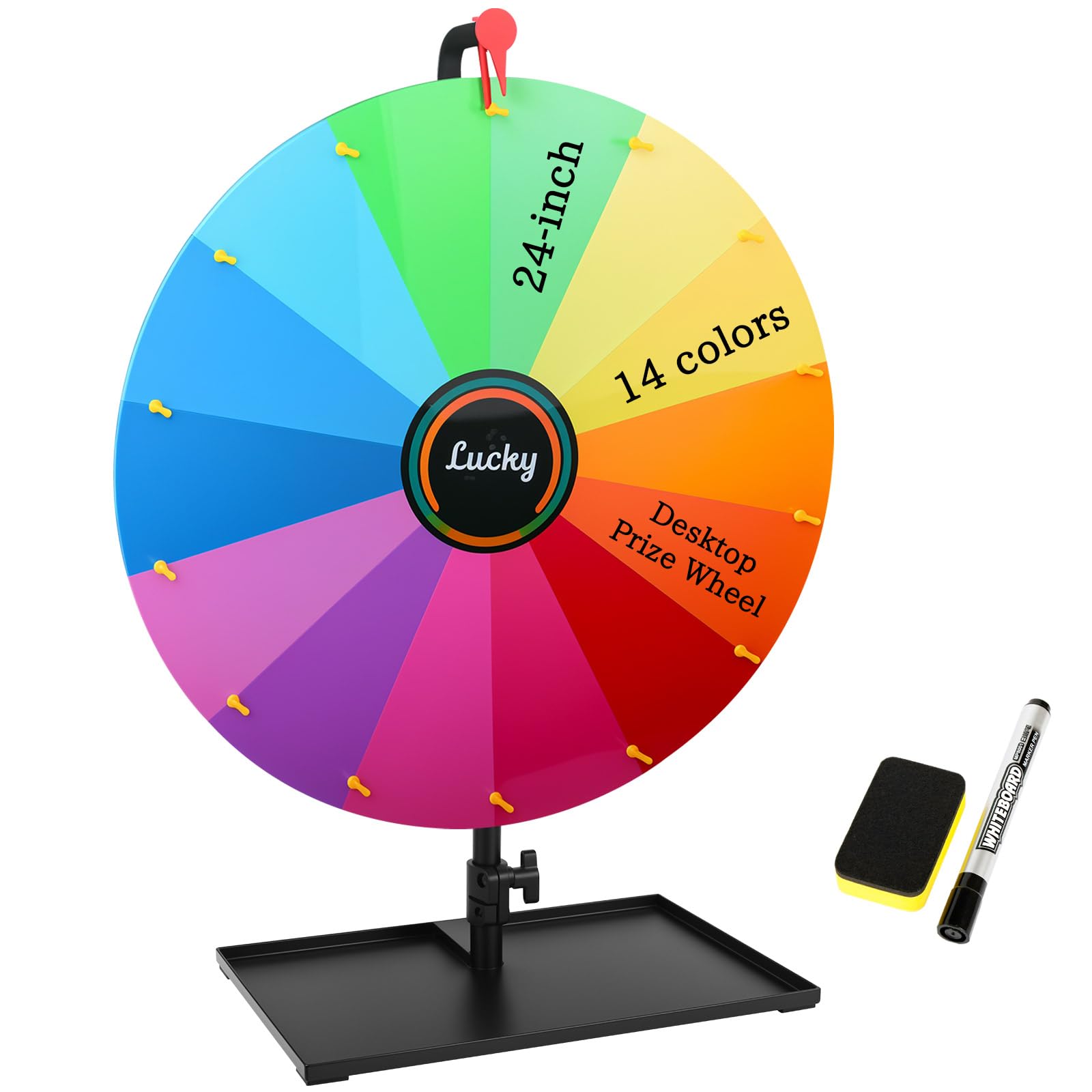 Acrebain 24-inch Spinning Prize Wheel,14 Colors Spinning Doodle Game Spinner with Erasable Marker,Ajustable 37"-65" Floor Standing Storable Wheel of Fortune with Shelf (24-inch Tabletop)