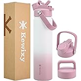 KEWIXY 24 oz Insulated Water Bottle, 2-in-1 Lid, Straw & Spout with Protected, Leak Proof, Keep Cold, Stainless Steel, Metal, Reusable, Handle, for Travel, Gym and School, 2 Lids, Iced Plum