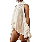 OYOANGLE Women's Split Bishop Sleeve Flowy Chiffon Blouse Mock Neck Tie Back Dressy Sheer Tops