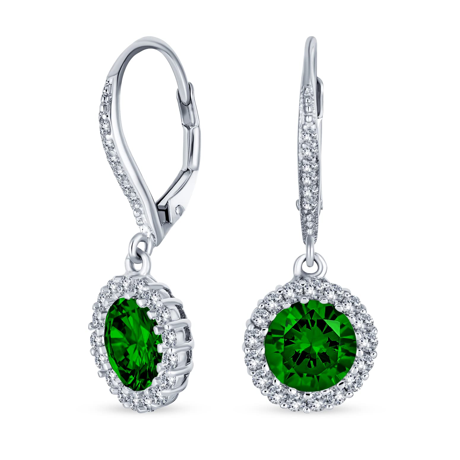 3.5CT Green Round Solitaire Halo CZ Leverback Dangle Earrings Simulated Emerald Cubic Zirconia .925 Sterling Silver — image 1