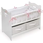 Badger Basket Wooden Doll Bed with Bed Liner, Pillows and Two Storage Baskets - Fits 18" Dolls - Ideal for Pretend Play and Baby Doll Fun - White/Rose Design with Free Personalization Kit