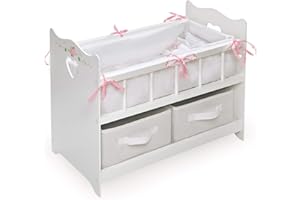 Badger Basket Wooden Doll Bed with Bed Liner, Pillows and Two Storage Baskets - Fits 18" Dolls - Ideal for Pretend Play and Baby Doll Fun - White/Rose Design with Free Personalization Kit
