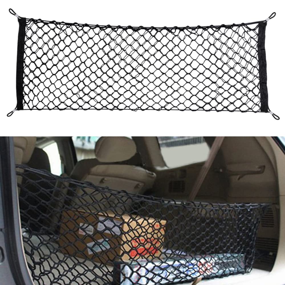 Photo 1 of Car Rear Cargo Net, Universal Adjustable Elastic Trunk Cargo Storage Organizer Net, Double-Layer Storage Nylon Mesh Compatible for SUV, Jeep, Truck?43.3 x 15.7in?