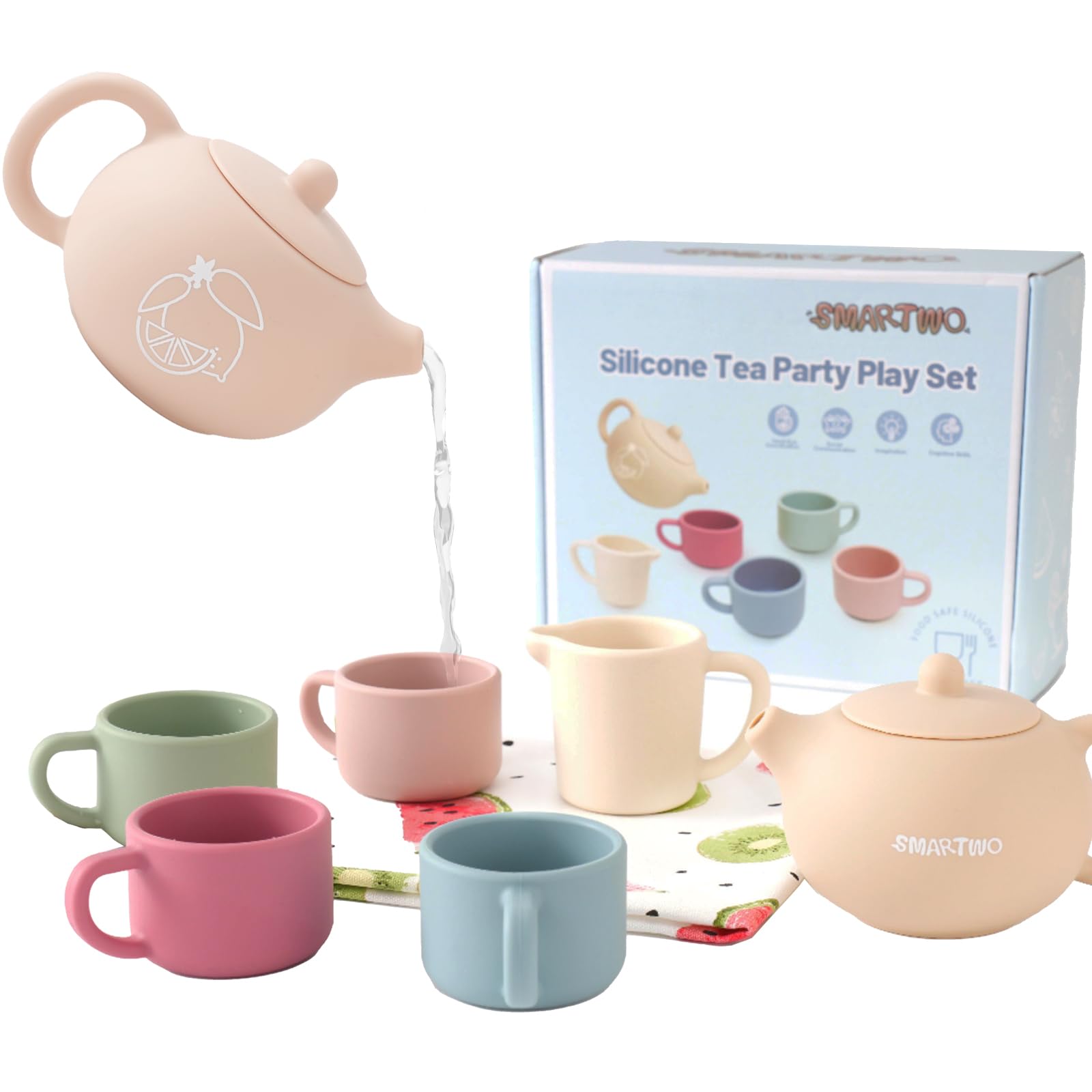 Smartwo Silicone Tea Set for Toddlers, Montessori Toy 1 2 3 Year Old, Baby Girl Boy Gift, Kid Role Play Picnic Tea Service, Outdoor Mud Kitchen Accessories, Cup and Teapot Playset for Pretend Party