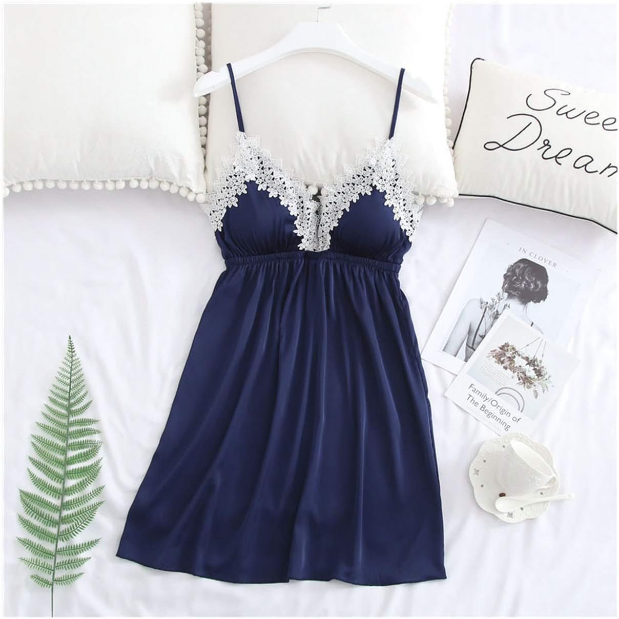 Summer Women Silk Satin Sleeveless Nightgown Sexy Lace Trim Nightdress Soft with Chest Pads