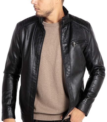 chouyatou Men's Vintage Stand Collar Pu Leather Jacket (X-Small