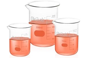 Okulab Glass Beaker Set, Low Form, Graduated 3.3 Borosilicate Glass Beakers, Vol.50,100,250mL, for Lab, Classroom, Craft, Kitchen,BKLGS3A1