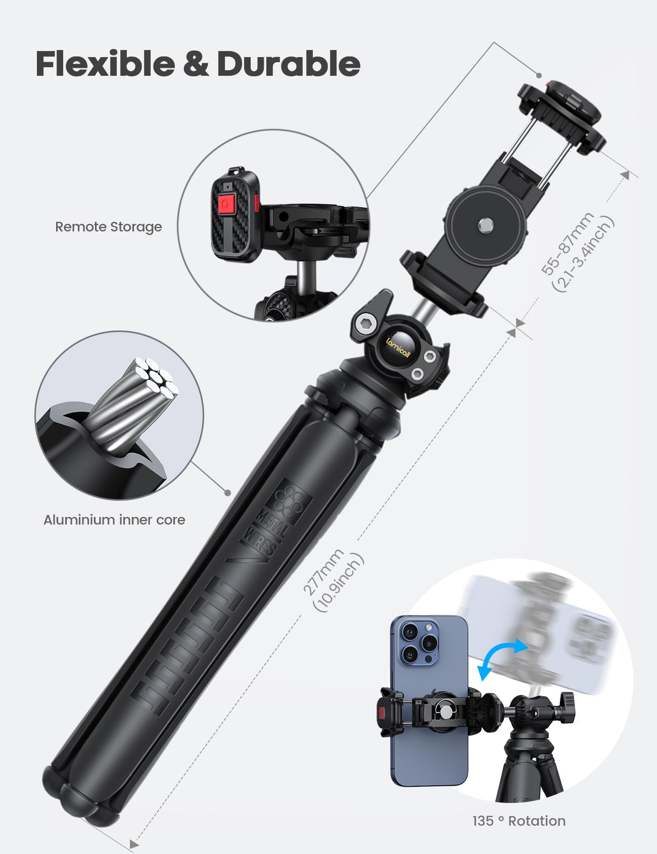Lamicall Tripod for Camera - 3 in 1 Flexible Tripod for iPhone with Wireless Remote - iPhone Tripod Stand for Video Recording Vlogging Compatible with iPhone Samsung Go Pro, Small Digital Camera