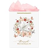 FLYAB White Dove Gift Bags Medium Size Christian Gift Bags with Pink Tissue Paper Blessed Beyond Measure Gifts Bags for First Communion Baby Shower Birthday Christening Religious Gifts 9''x5''x11.4''