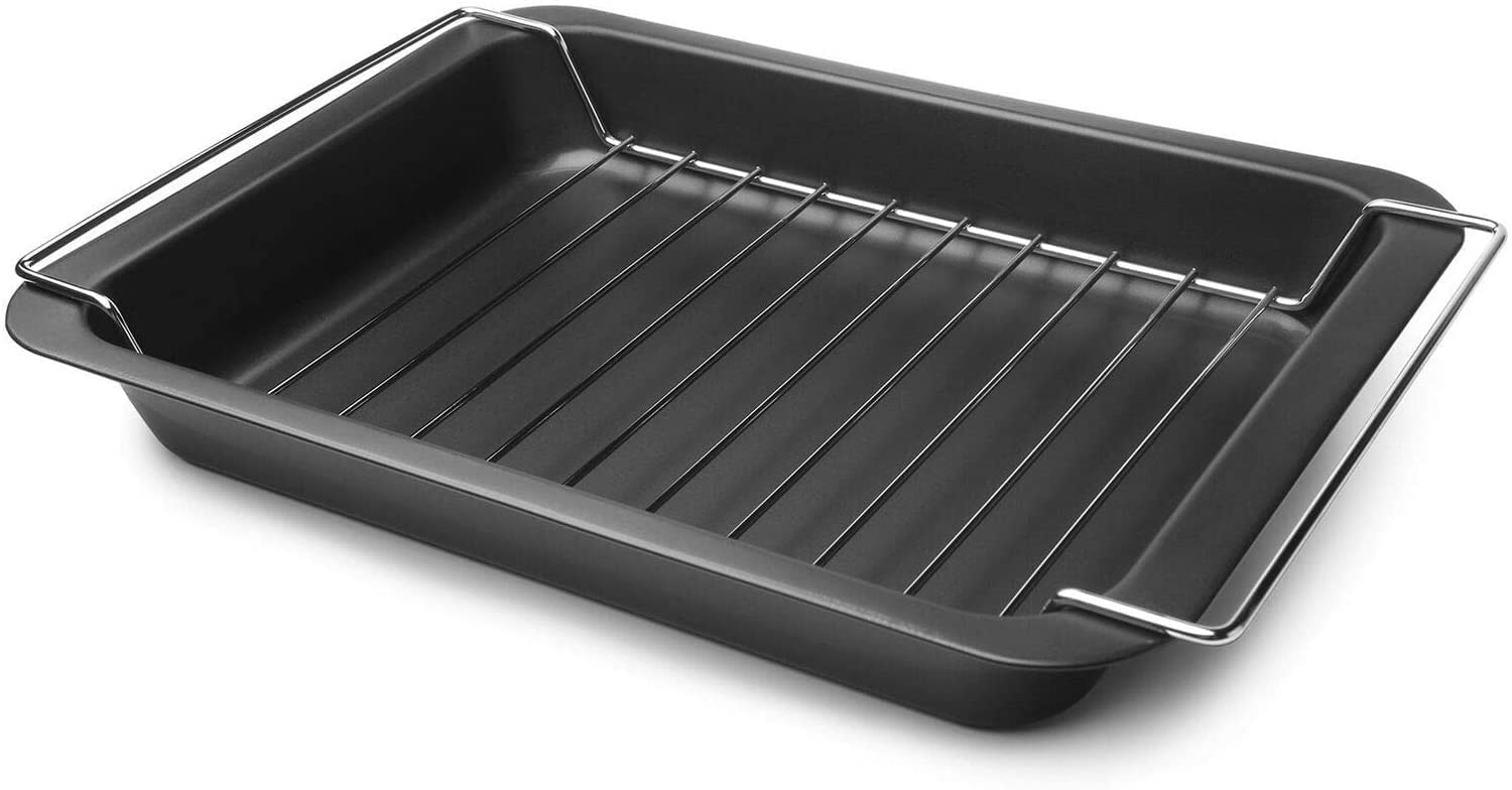 Roasting Tray with Roasting Rack, Carbon Steel with a Non Stick Coating - Baking Trays for Oven - Handles Cooking Set - Oven Dish - Bakeware - Non Stick Baking (Large - 34.5cm x 24.5cm)
