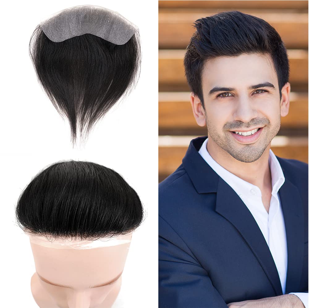 Lordhair V-Shape Frontal Hairpiece for Men, Natural Human Hair System with PU Thin Skin for Receding Hairline Coverage
