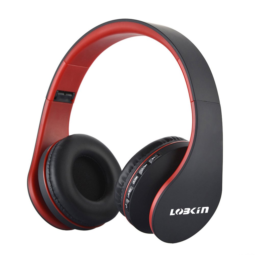 Cuffie Bluetooth LOBKIN Auricolari Stereo con Microfono Bluetooth 4.1 Pieghevole Over-Ear Senza Fili Cuffie con Microfono Ricaricabile Riduzione del Rumore Interno Supporto SD/TF Card (red)