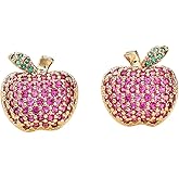 Kokoma Pink Cubic Zirconia Apple Stud Earrings for Women, Crystal Fruit Christmas Earrings Small Studs Cartilage Piercing for Xmas Festive Jewelry