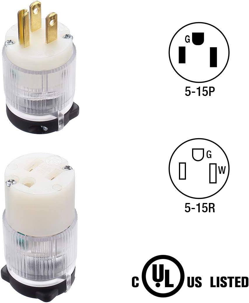 Miady Lighted Extension Cord Ends, 15 Amp 125 Volt NEMA 5-15, 2Pole 3Wire, Electric Plug Replacement, UL listed - - 
