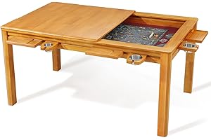 Agreatby Board Game Table with Removable Top,Solid Wood Dining & Gaming Table for 4–6 Players, Neoprene Play Mat, Leaf Storage Rack, 6 Cup Holders & Trays, 57.5" x 33.8" Big Play Area, Nature