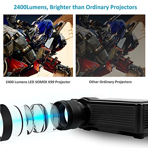 Projector 2400 Lumens LED Mini 1080P Projector, Portable Movie Projector HDMI USB TF VGA AV, Multimedia Home Theater with HDMI Cable-SOMEK K99