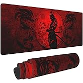 Japanese Samurai Cool Anime Red and Black Dragon Mouse Pad XL Extended Desk Mat, Non Slip Rubber Base Stitched Edge Gaming Pc Desktop Large Mice Pad,31.5 x 11.8 Inch