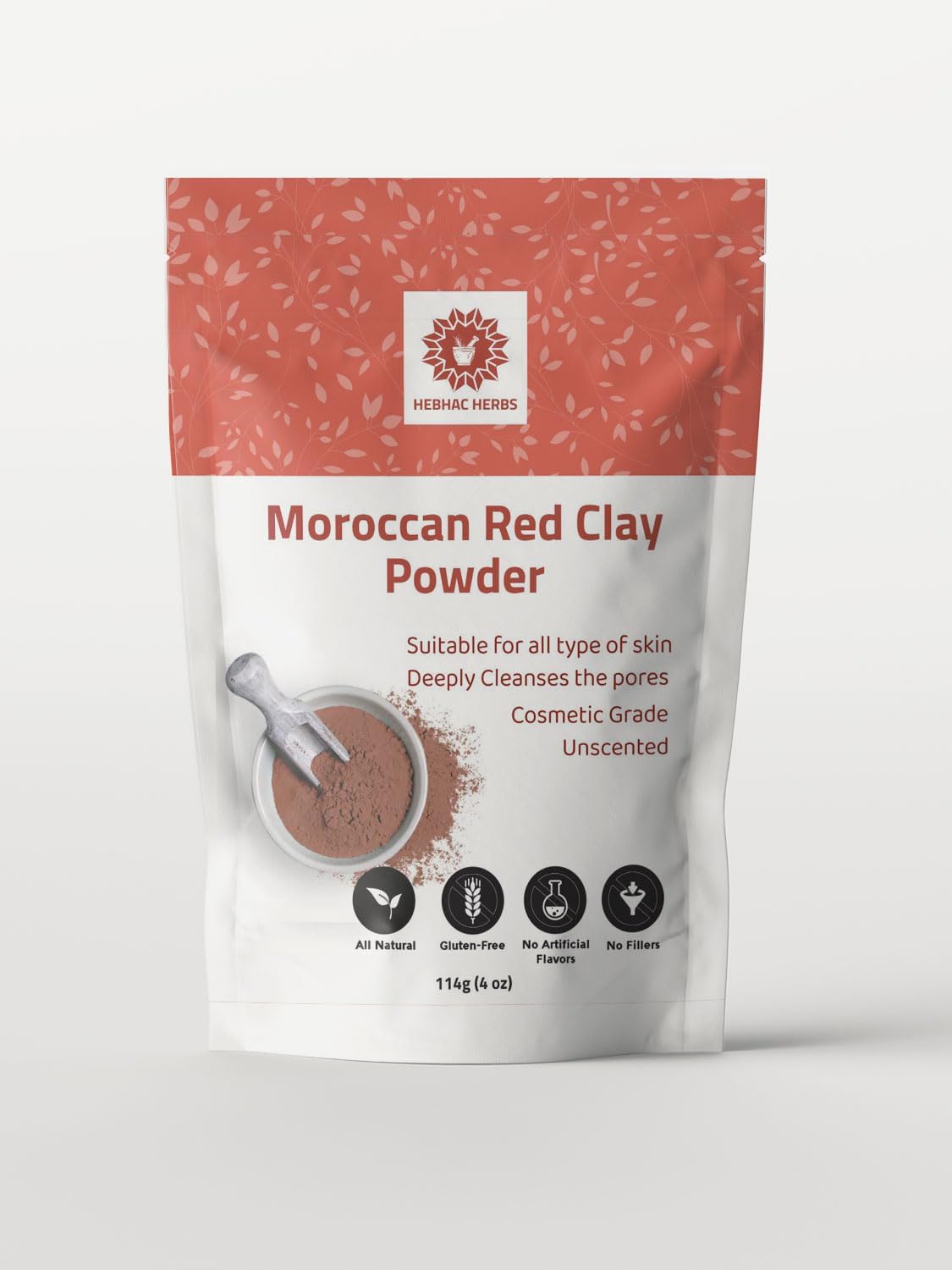 Moroccan Red Mask Powder 114g / 4oz | For Face, Body, Hair, Soap Making, and Spa Use | Cosmetic Grade Powder for Men & Women by Hebhac Herbals