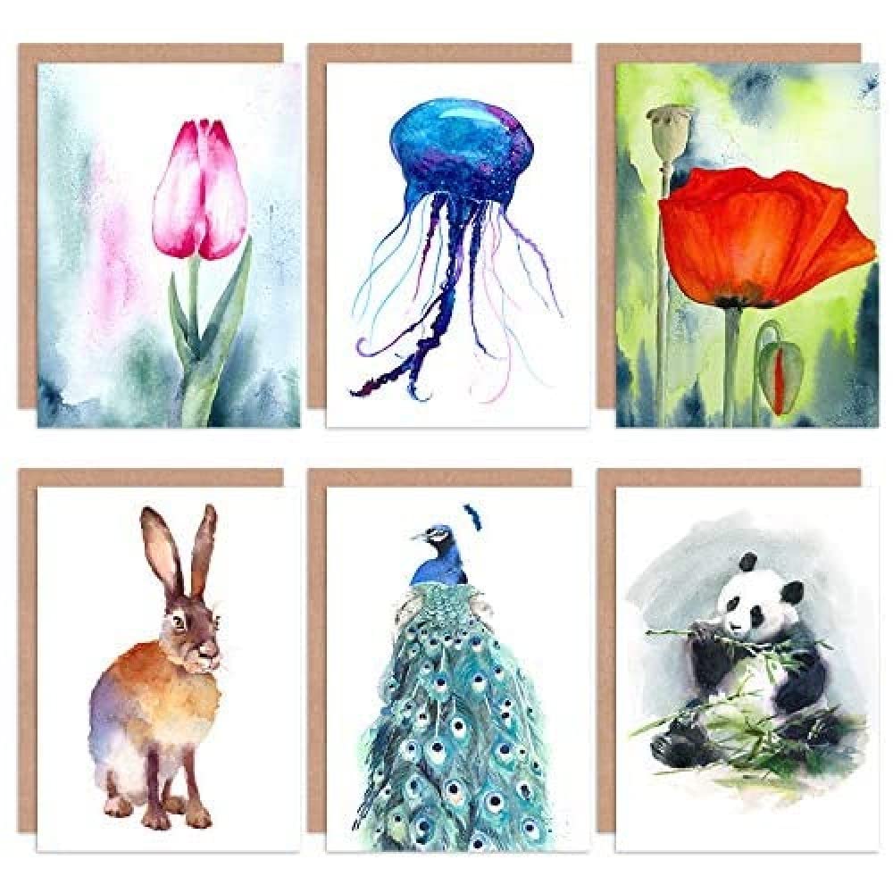Artery8 Watercolour Nature Animals Flowers All Occasions Various Assorted Blank Greeting Cards With Envelopes Pack of 6