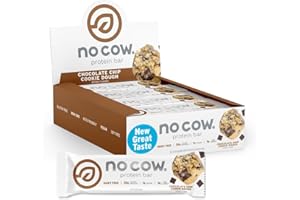 No Cow Vegan Protein Bars, Upgraded Chocolate Chip Cookie Dough | 20g Plant Based Protein, Gluten Free, Dairy Free, Soy Free, Keto Friendly, Low Sugar, High Fiber Snack Bars | Pack of 12
