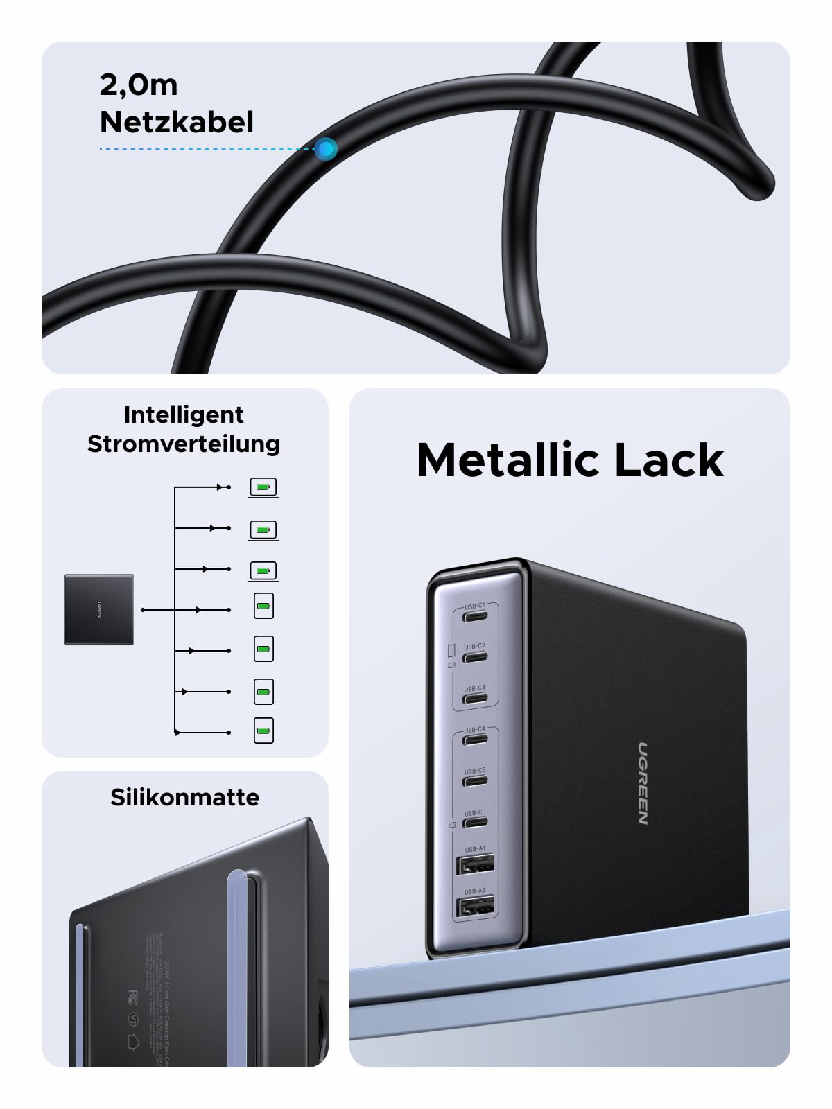 UGREEN USB C Ladegerät 200W GaN Netzteil 8-Port Desktop Ladestation PD Charger 100W Schnellladegerät mehrfach unterstützt PPS kompatibel mit MacBook Pro/Air, iPhone Serien, Galaxy Serien usw. 6