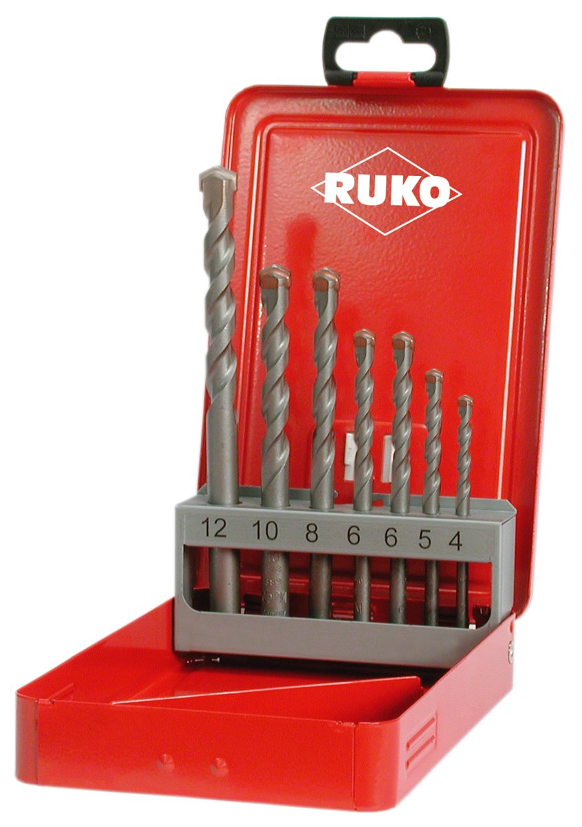 Ruko Percussion Drill Bit Set with Carbide Cutting Edge and Straight Shank In Steel Case, Bright Finish, 7 Pieces, R205256