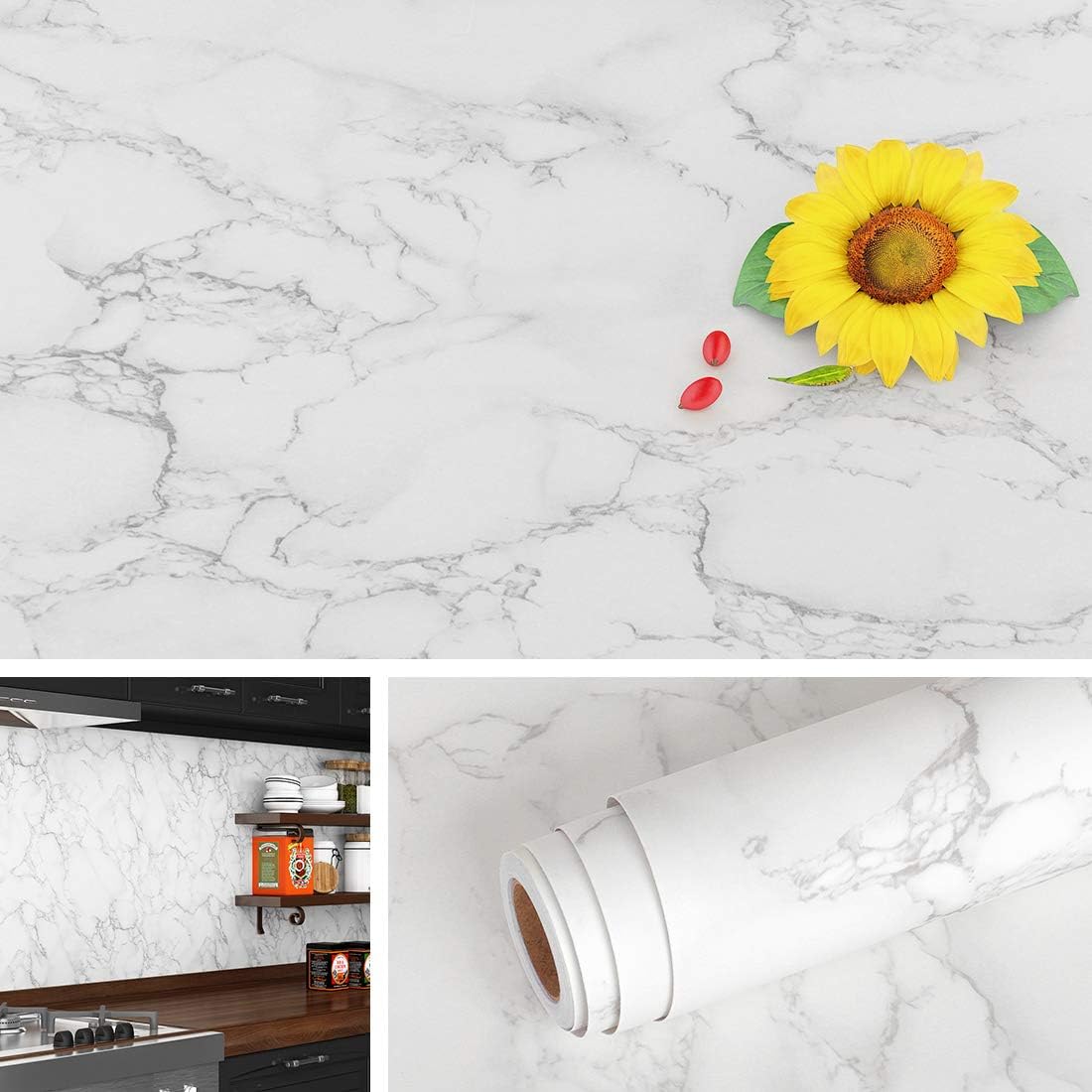 Livelynine 5M X 60 cm Matt Marble Sticky Back Plastic Roll White Marble Vinyl Wrap for Kitchen Worktop Covering Grey Washable Kitchen Wallpaper Self Adhesive Contact Paper Kitchens Counter Wrap
