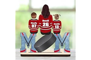 Personalized Ice Hockey Mom Desktop Sign Custom Name Portrait 2D Mother And Kids Sitting Wooden Plaque Decor Gift Mom Hockey 