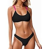 Leoparts Women's Sexy Bikini Set Scoop Neck Color Block 2 Piece Swimsuit High Cut Tie Back Brazilian Bathing Suit