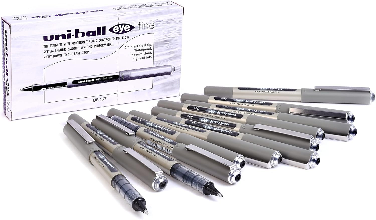uni-ball UB-157 Eye Rollerball Pens. Premium Fine 0.7mm Ballpoint Tip for Super Smooth Handwriting, Drawing, Art, Crafts and Colouring. Fade and Water Resistant Liquid Uni Super Ink. Box of 12 Black — image 1