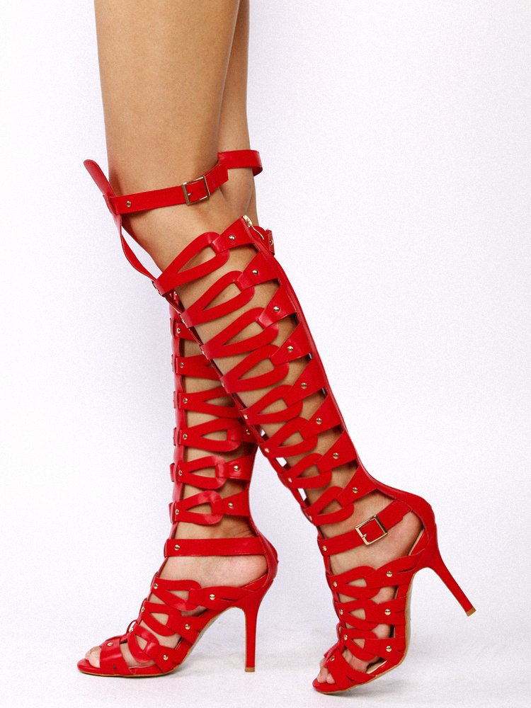 Women's Strappy Over The Knee High Heel Stiletto Gladiator Sandals Red US 8 - Image 4