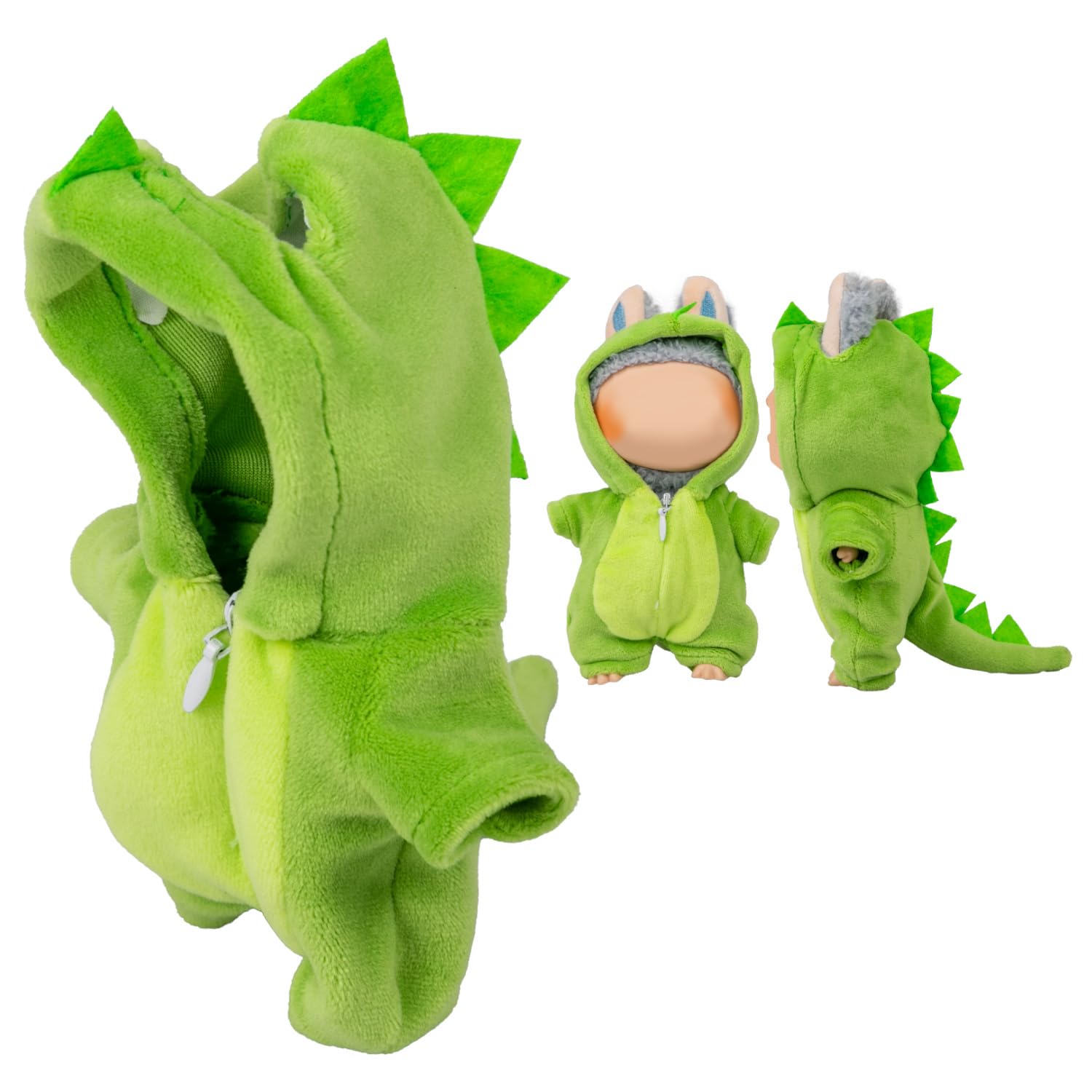 17cm/6.69in Doll Clothes for Labubu, Light Green Dinosaur-Themed One-Piece Hooded Overall Outfit, Dolls Clothes Accessories, Gift for Boys & Girls, 1 Piece(No Doll Included)