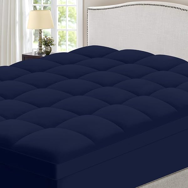 MASVIS KING SIZE MATTRESS TOPPER FOR BACK PAIN – SOFT FLAT SHEET AND PILLOWCASES – EXTRA THICK MATTRESS PAD COVER – OVERFILLED PILLOW TOP – 4 PIECE SET – NAVY BLUE