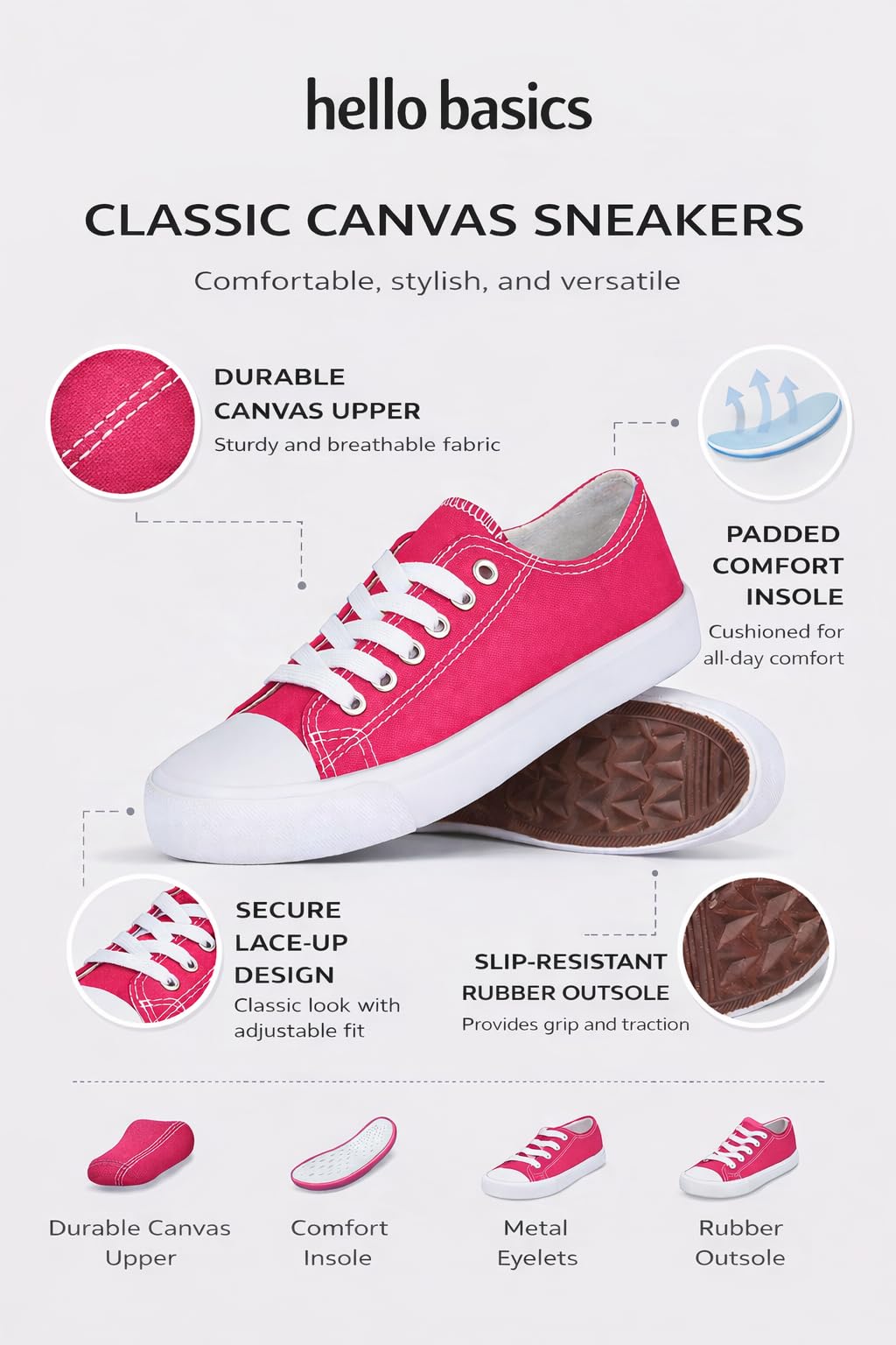 hello basics Canvas Shoes for Women Casual Low Top Pink Sneakers Fashion Womens Tennis Shoes, Pink, Size 8