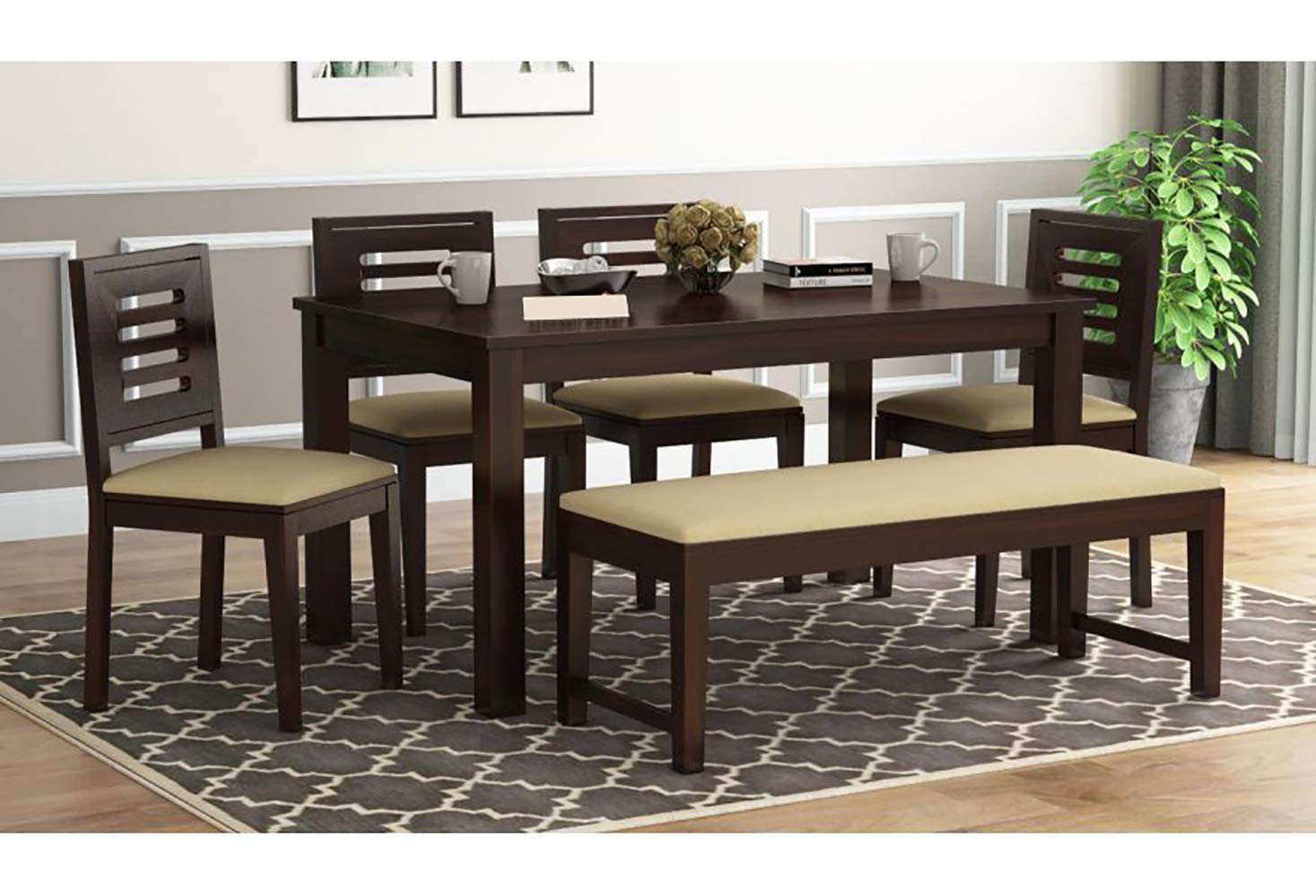 Natural Finish Dining Table 6 Seater Set with Chairs Dining Table