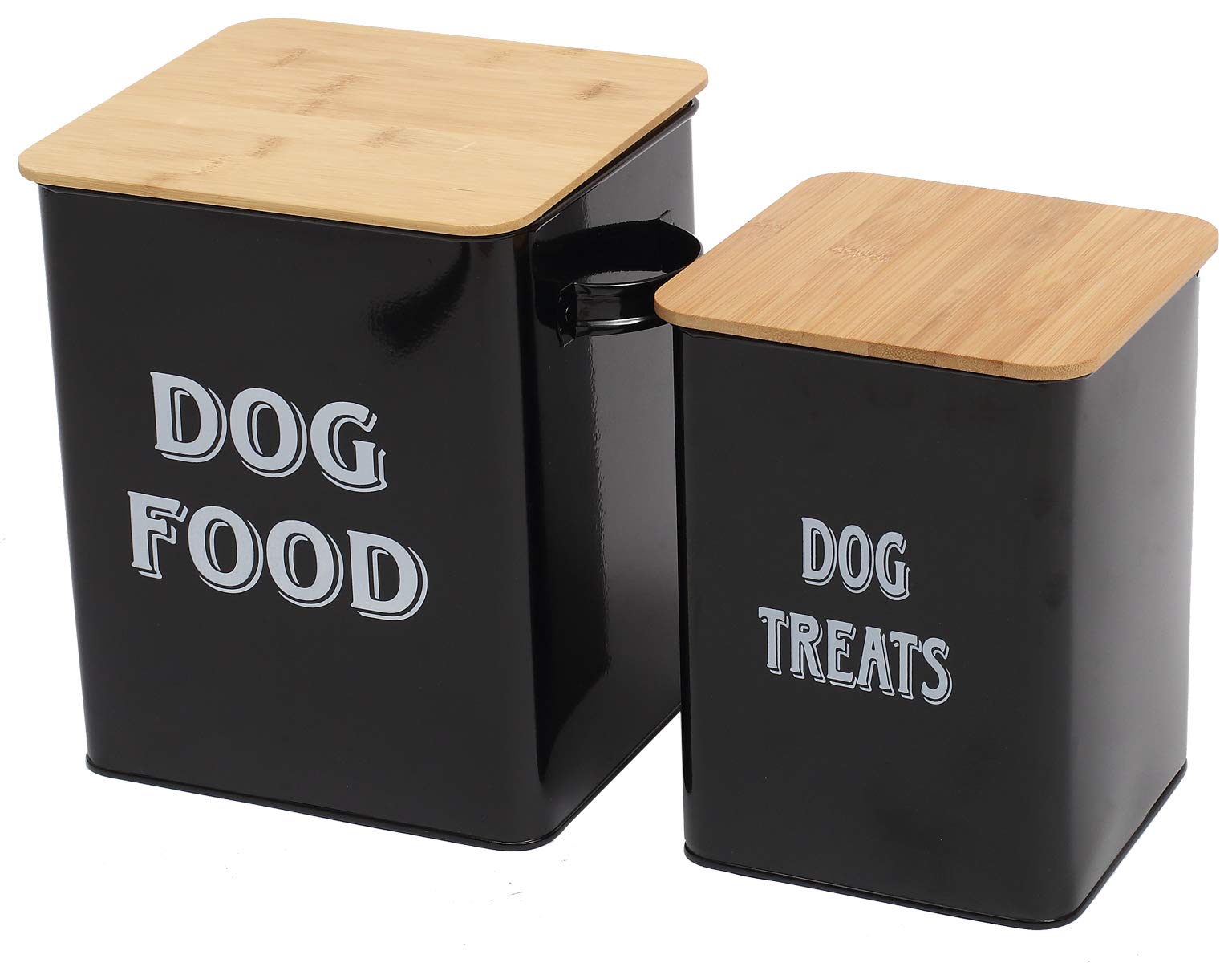 Dog Food and Treats Containers Set with Scoop for Dogs -Tight Fitting Wood Lids - Coated Carbon Steel - Storage Canister Tins-Black