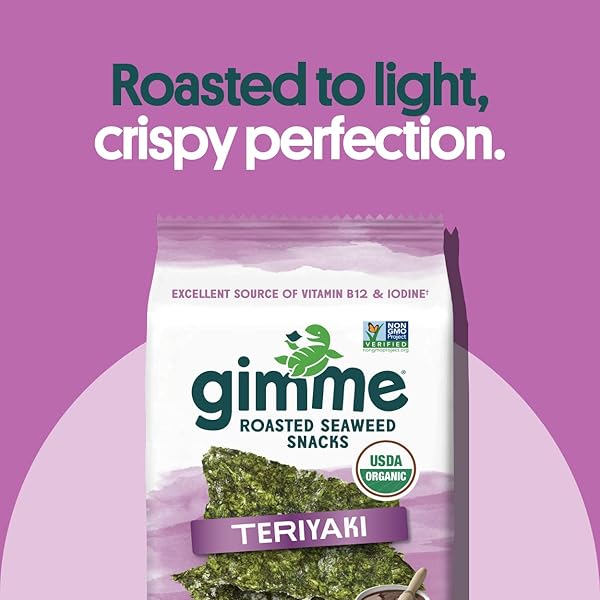 GIMME SEAWEED ORGANIC PREMIUM ROASTED SEAWEED SNACKS, TERIYAKI, 12 COUNT SHARING SIZE, KETO, VEGAN, GLUTEN-FREE, GREAT SOURCE OF OMEGA3S AND IODINE, HEALTHY ON-THE-GO SNACK FOR KIDS AND ADULTS